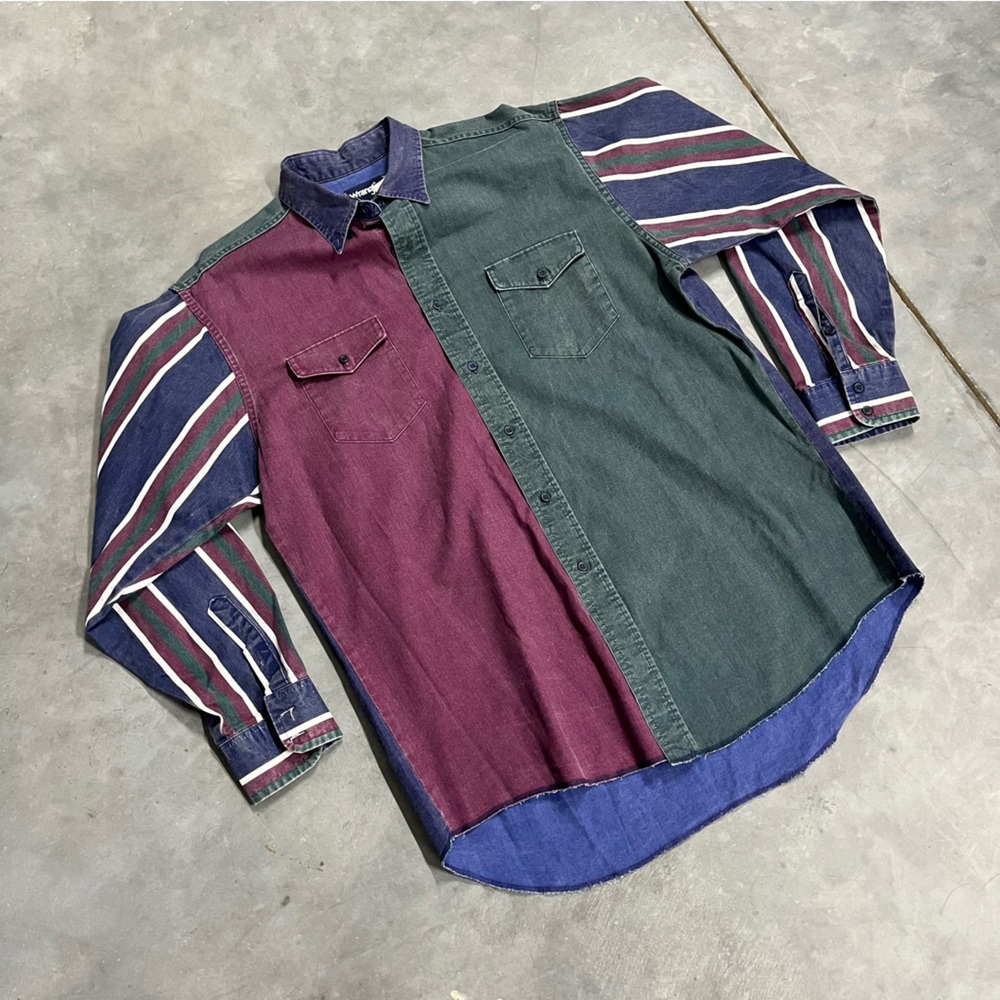 VTG Wrangler Brushpopper Shirt‎ XL 17-35 Striped Maroon Green Blue Western Rodeo - Picture 2 of 5